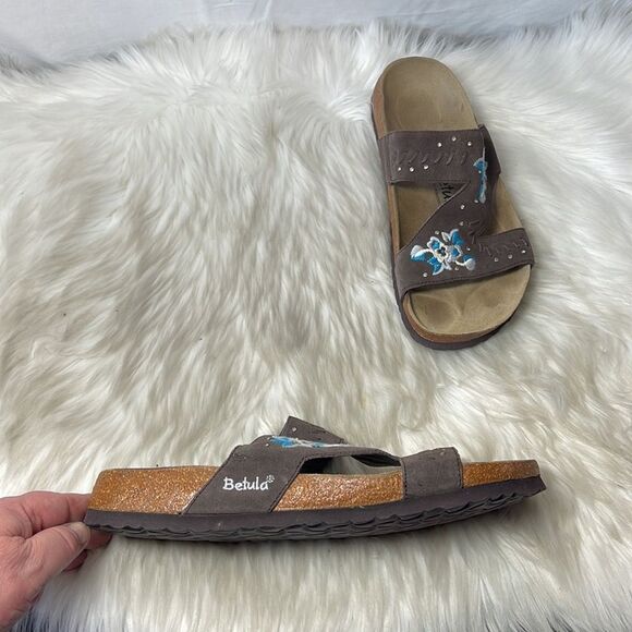 Birkenstock Betula Zara Brown Embroidered Slide Sandals Sz 11 - Picture 1 of 6